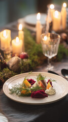 Elegant plated dish with vibrant garnishes on a candlelit table  