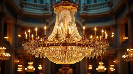 Obraz premium Opulent chandelier glittering with countless crystals, casting a warm and inviting light in a grand ballroom.