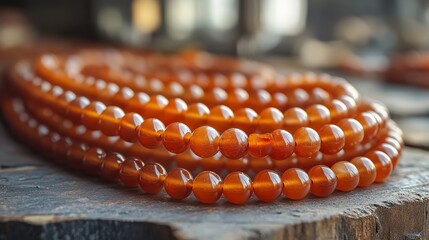 Orange carnelian beads are strung into a vibrant necklace, believed to promote courage and vitality.