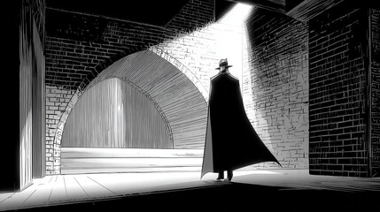 Dramatic Vintage Comic Scene Featuring a Mysterious Figure in Silhouette with a Halftone Effect and Atmospheric Lighting
