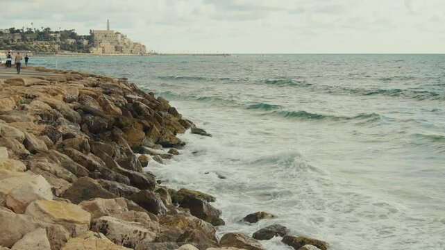 Street scene of Tel Aviv Jaffa in Israel at the Beach side during a sunny day at weekend