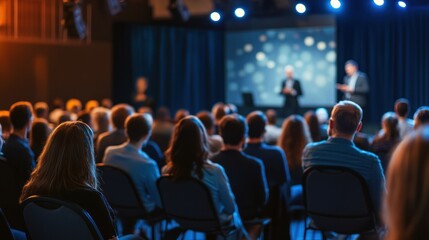 Audience listening to two speakers on stage at event
