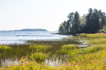Rock shore of the Koyonsaari Island. Skerries of Ladoga Lake. Karelia landscape, Russia