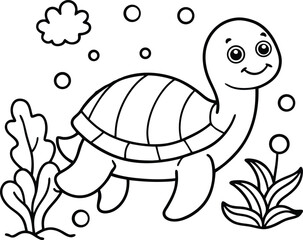 A slow turtle, a shelled reptile, is isolated in white nature coloring page.