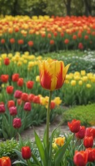 Bicolor red and yellow tulip, vibrant contrast against blurred colorful garden backdrop, tulip, stockphoto