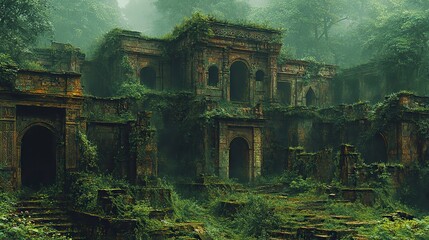Fototapeta premium Overgrown pathways wind through the ruins of a forgotten city, hinting at a once-thriving civilization.