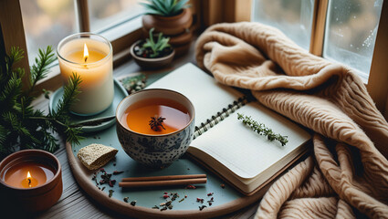 Cozy self-care flat lay with herbal tea, lit candle, wellness journal, and warm blanket beside daylight window, photographed for feminine balance and holistic daily ritual