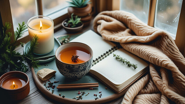 Cozy self-care flat lay with herbal tea, lit candle, wellness journal, and warm blanket beside daylight window, photographed for feminine balance and holistic daily ritual