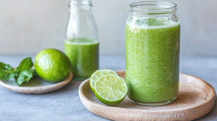Refreshing green smoothie served in a glass with a bottle and lime ready for a healthy lifestyle post