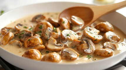 Creamy mushroom sauce cooking on stovetop with wooden spoon for delicious meal preparation