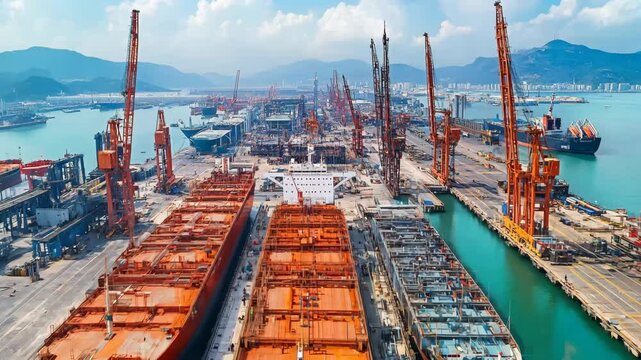 A large number of ships are docked at a port, including a large red ship. The scene is bustling with activity as workers go about their tasks. Scene is one of industriousness and efficiency