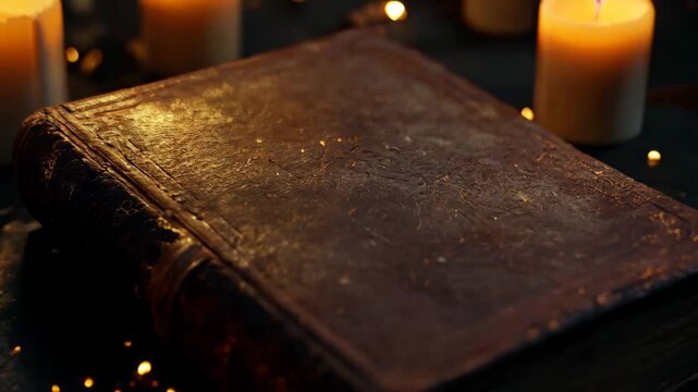 A book is lit up with candles and the flames are glowing on the pages. The scene is warm and inviting, with the book as the center of attention