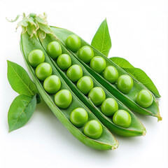 Fresh green peas in pods with leaves arranged on a clean white background showcasing vibrant colors and natural textures