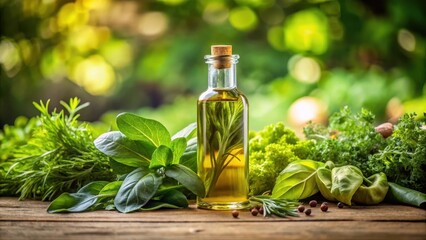 Aromatic Oil Bottle with Leafy Greens, natural, aromatic oil,  natural,aromatic oil, plant based, wellness