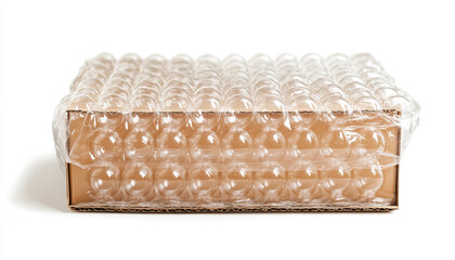 Cardboard box packed in bubble wrap isolated on white background