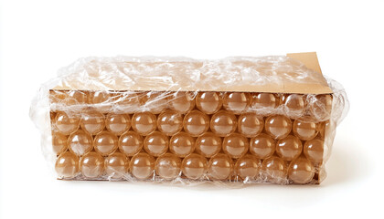 Cardboard box packed in bubble wrap isolated on white background