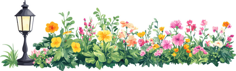 elongated decoration of rows of colorful flowers with garden lights