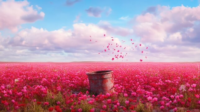 Decaying landmine in a field of pink wildflowers, a moving metaphor for peace, renewal, and natures persistence