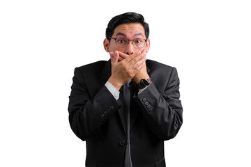 Handsome Asian businessman in suit covering mouth with hands, showing surprise or shock, isolated on transparent background