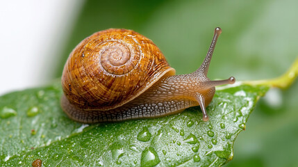 Snail resting on a green leaf with droplets of water on a white background