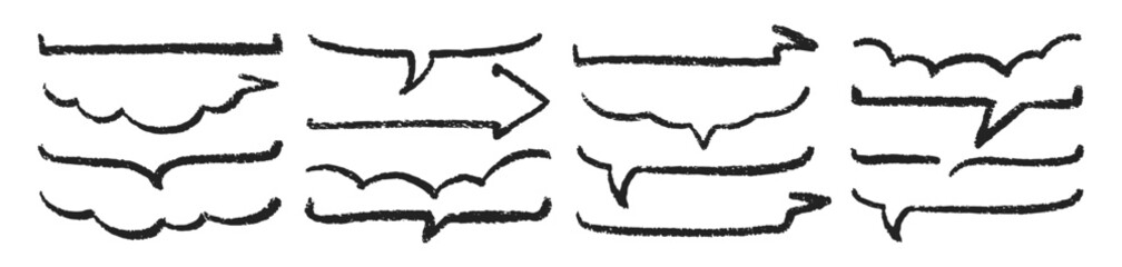 Set of bottom part of comic speech bubbles drawn in a sketch style with organic texture. Text boxes with chalk and crayon texture . Vector illustration.