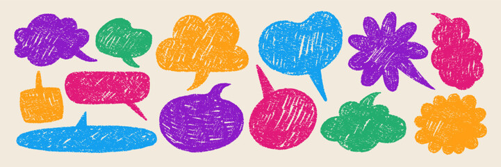 Speech bubbles drawn with organic texture. Text boxes with chalk and crayon texture for a conversation. Color vector illustration in retro style.