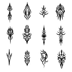 Neo tribal tattoo set - black symmetric decorative ethnic graphic elements collection. Stylized thorny , swirling pointed shapes, ornamental abstracted designs vector flat