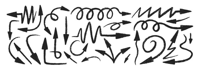 Set of thin arrows with crayon, chalk or pastel texture. Doodle hand drawn elements for school design. Sketch vector illustration isolated on a white background.