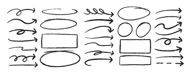 Set of arrows, ovals and square with crayon, chalk and marker texture. Grainy design elements for study or diary. Sketch vector illustration isolated on a white background.