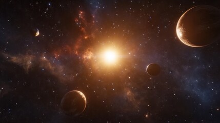 A brilliant star surrounded by planets and nebulae in space