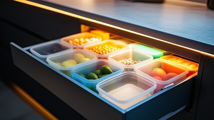 Organized Kitchen Drawer Food Storage Containers Healthy Snacks Nuts Fruits Eggs Modern Pantry Organization System Efficient Food Storage Solutions   