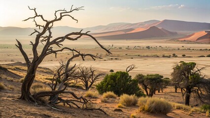 Fototapeta premium Arid Dry Desert Scene Featuring Withered Tree and Distant Mountain Range