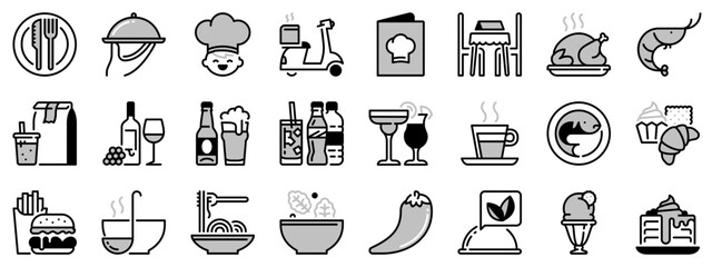 Icons in two tones about restaurant
