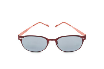 Stylish Red Frame Sunglasses with Blue Tinted Lenses. Fashion Eyewear isolated on White Background. Trendy Summer Accessory for Men and Women.