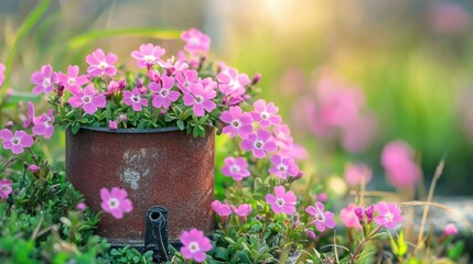 Rusted landmine surrounded by blooming pink flowers in a serene meadow, symbolizing rebirth, hope, and peace