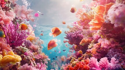 Obraz premium Soft pastel fish, coral gardens, and flowing sea plants create a magical underwater ballet in a vibrant reef