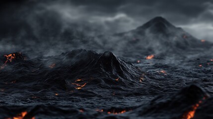 Dark, charcoal brown rock with lava flowing down its side, against a dark background, with surround lighting, cinematic effect.