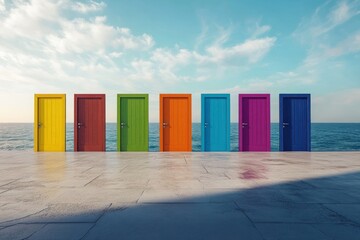 multiple closed vibrant doors aligned in front of ocean view, decision metaphor