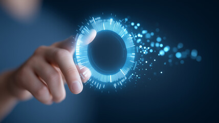 Futuristic digital interface with glowing blue circular hologram and hand interaction