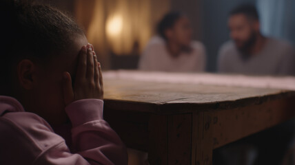 Child hiding under table with hands over ears while couple arguing in background