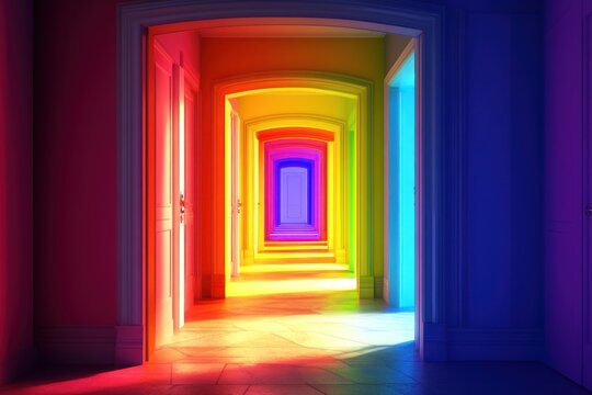 multiple bright open doors, rainbow hues, symbolic of future paths and freedom