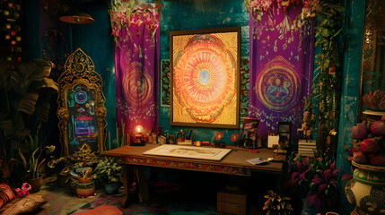 Fototapeta premium Vibrant, eclectic room with rich decor. Artwork, plants, and textiles fill the space, creating a mystical ambiance. A wooden desk stands center, adorned with assorted items