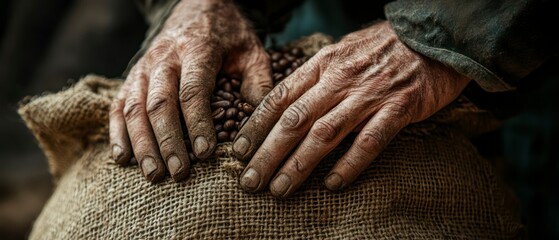 Fototapeta premium Elderly farmer holds burlap sack filled with harvested coffee beans, revealing wrinkled hands representing hard work.