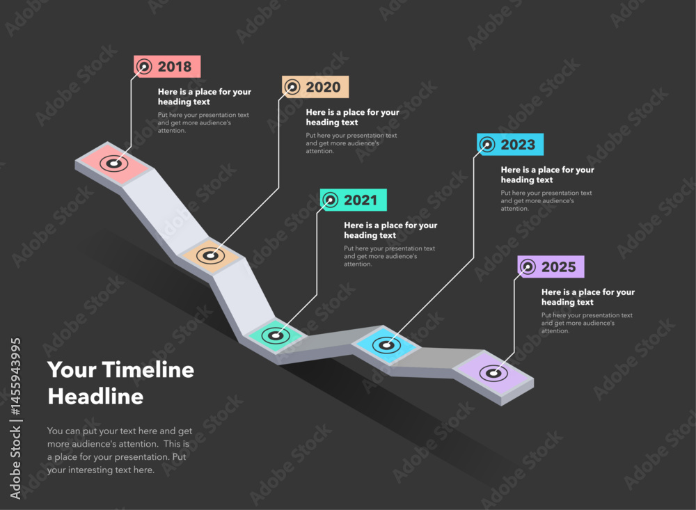 Poster Isometric timeline infographic template with five steps - dark version. SImple chart design for workflow layout, diagram, banner, web design.