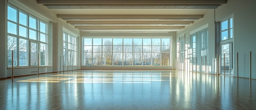Spacious dance studio, awash sunlight, features smooth hardwood floor, expansive windows framing trees, barre, embodying minimalist design.