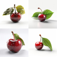 Close-up presentation of fresh, wet cherries with leaves.