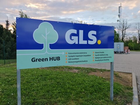 Jihlava,Czech Republic-April 8 2025: GLS Green HUB logistics center focused on sustainable parcel delivery with energy-efficient transport and eco infrastructure.

