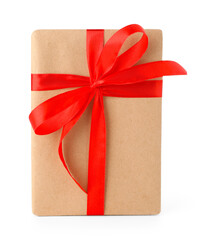 Gift wrapped in kraft paper with bow isolated on white