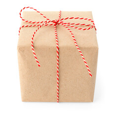 Gift wrapped in kraft paper with bow isolated on white