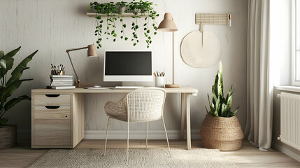 Modern, minimalist workspace with natural elements.  Wooden desk, beige chair, hanging plants, and artwork.  Simple, organized setup for work or creative pursuits